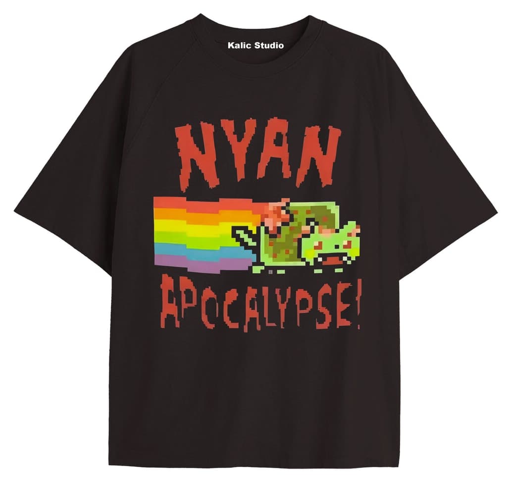 تیشرت یونیسکس اورسایز طرح گربه Nyan Nyan مشکی Kalic Studio تیشرت یونیسکس اورسایز طرح گربه Nyan Nyan مشکی Kalic Studio