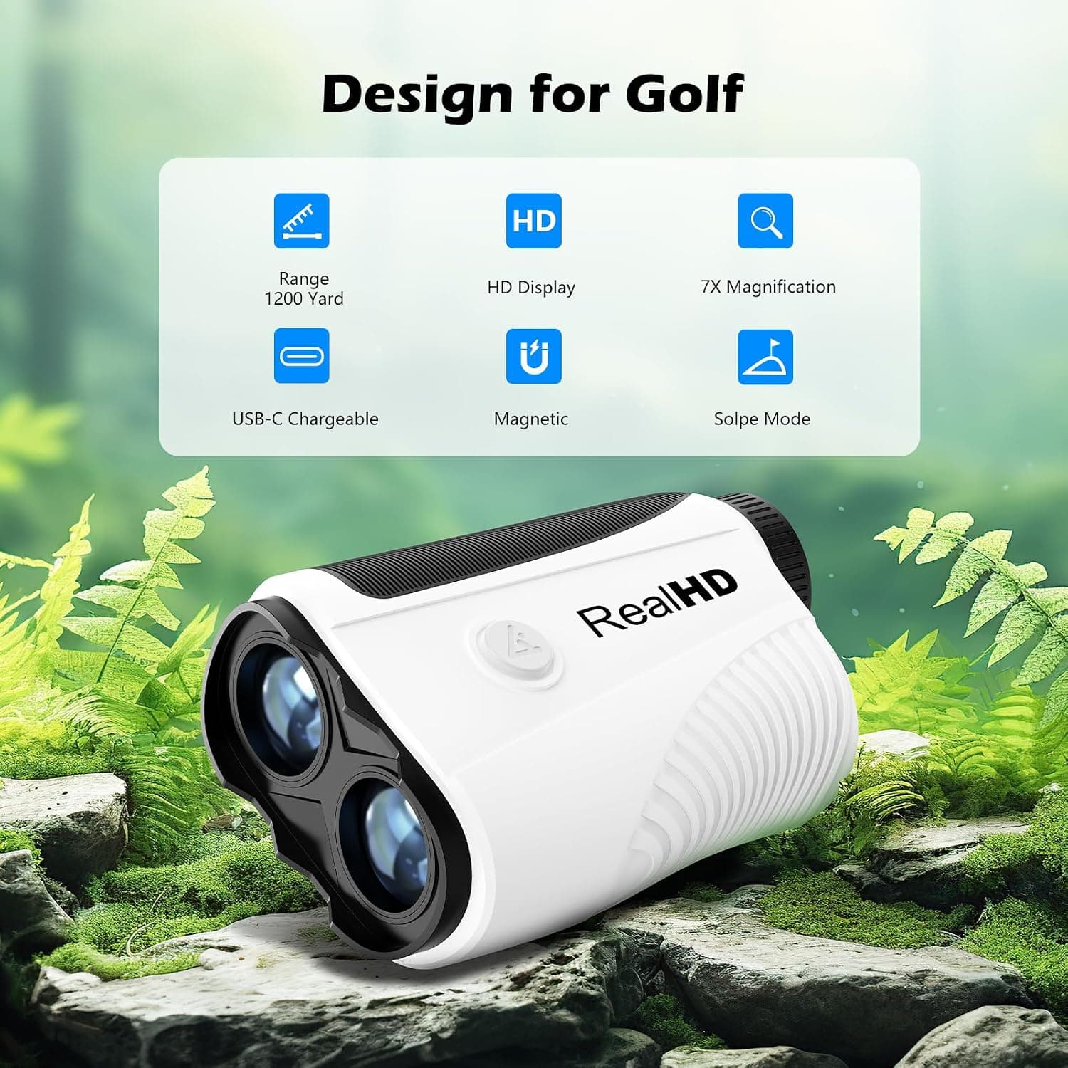 فاصلهیاب لیزری گلف Real HD با شیبسنج، برد 1,200 Yards، بزرگنمایی 7X، آهنربا، قفل پرچم و لرزش، قابل شارژ فاصلهیاب لیزری گلف Real HD با شیبسنج، برد 1,200 Yards، بزرگنمایی 7X، آهنربا، قفل پرچم و لرزش، قابل شارژ