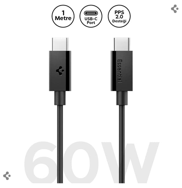کابل USB-C به USB-C Spigen 1 متری 60W شارژ فوق سریع PPS 2.0 مشکی مدل ACA08718 کابل USB-C به USB-C Spigen 1 متری 60W شارژ فوق سریع PPS 2.0 مشکی مدل ACA08718