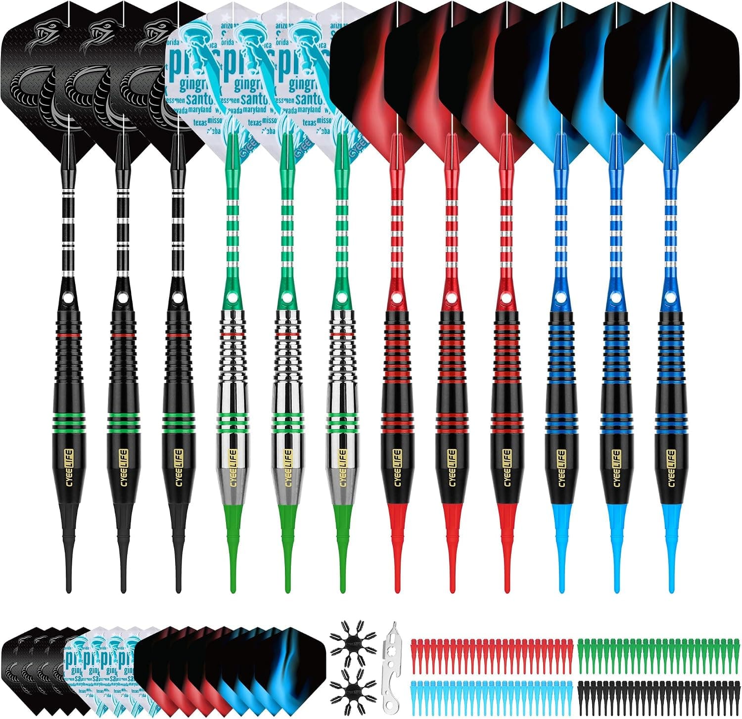 ست دارت نوکپلاستیکی CyeeLife، 12 Pcs با وزن 18 Gram، شفت آلومینیومی 4 رنگ، 100 نوک یدکی، 16pcs فلایت و 2pcs محافظ فلایت ست دارت نوکپلاستیکی CyeeLife، 12 Pcs با وزن 18 Gram، شفت آلومینیومی 4 رنگ، 100 نوک یدکی، 16pcs فلایت و 2pcs محافظ فلایت
