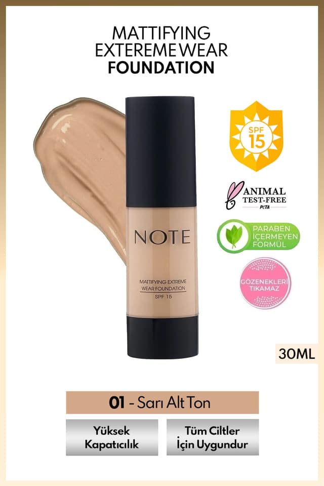 فوندیشن Note Cosmetics Mattifying Extreme Wear با پوشش بالا و حالت مات SPF 15 رنگ 01 بژ فوندیشن Note Cosmetics Mattifying Extreme Wear با پوشش بالا و حالت مات SPF 15 رنگ 01 بژ