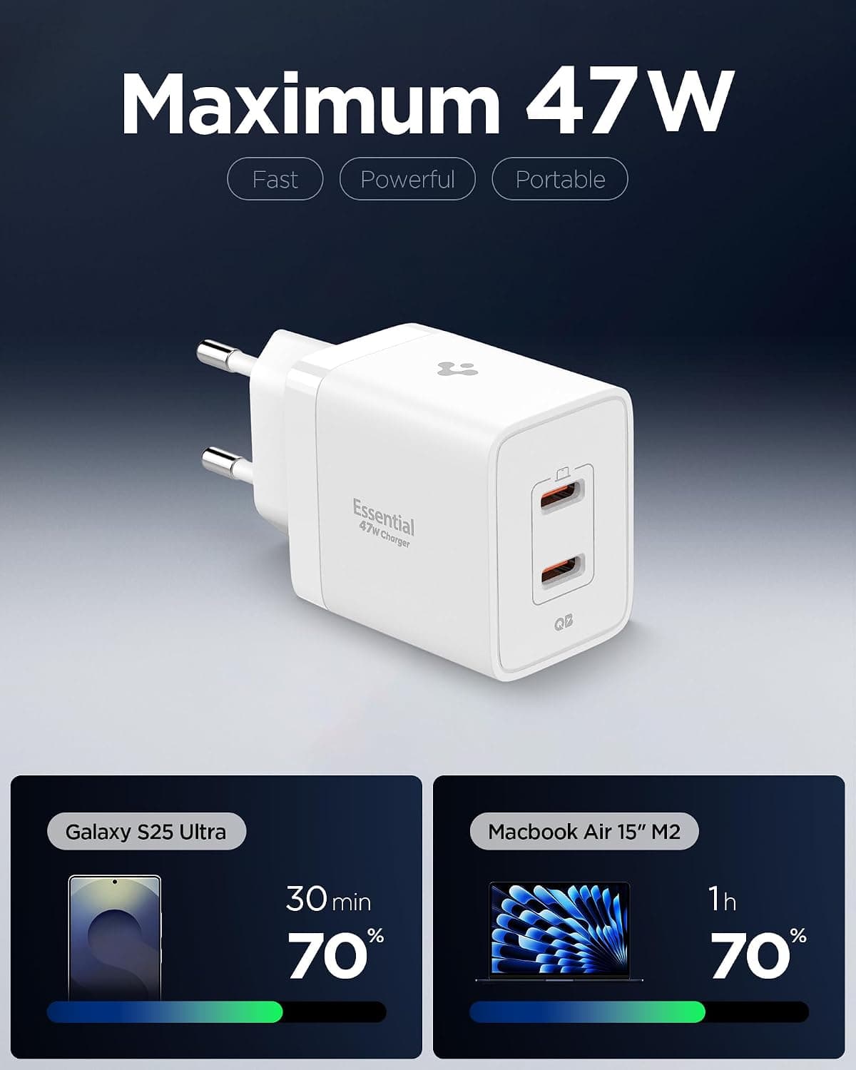 شارژر دیواری سریع 47W دو پورت USB-C Spigen سفید GaN Pro مدل ACH08707 شارژر دیواری سریع 47W دو پورت USB-C Spigen سفید GaN Pro مدل ACH08707