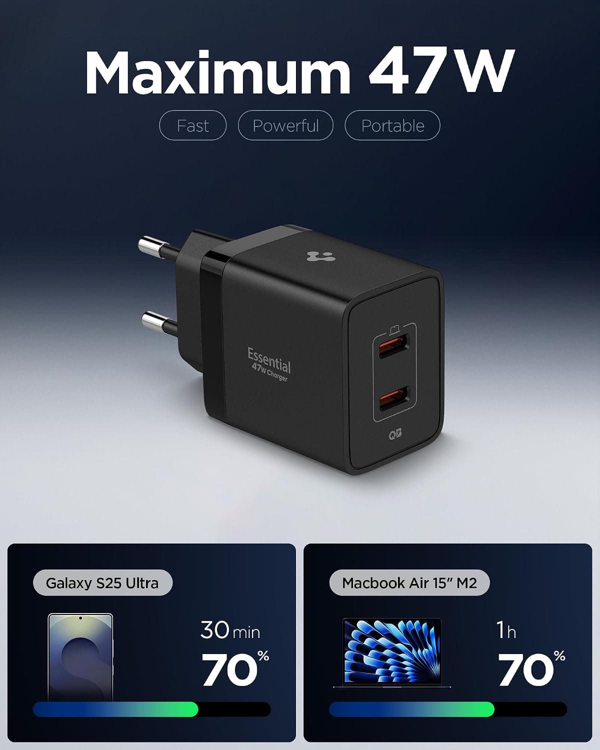 آداپتور شارژ سریع Spigen دوپورت USB-C 47W با PPS 2.0 و GaN Pro مشکی مدل ACH09457 آداپتور شارژ سریع Spigen دوپورت USB-C 47W با PPS 2.0 و GaN Pro مشکی مدل ACH09457