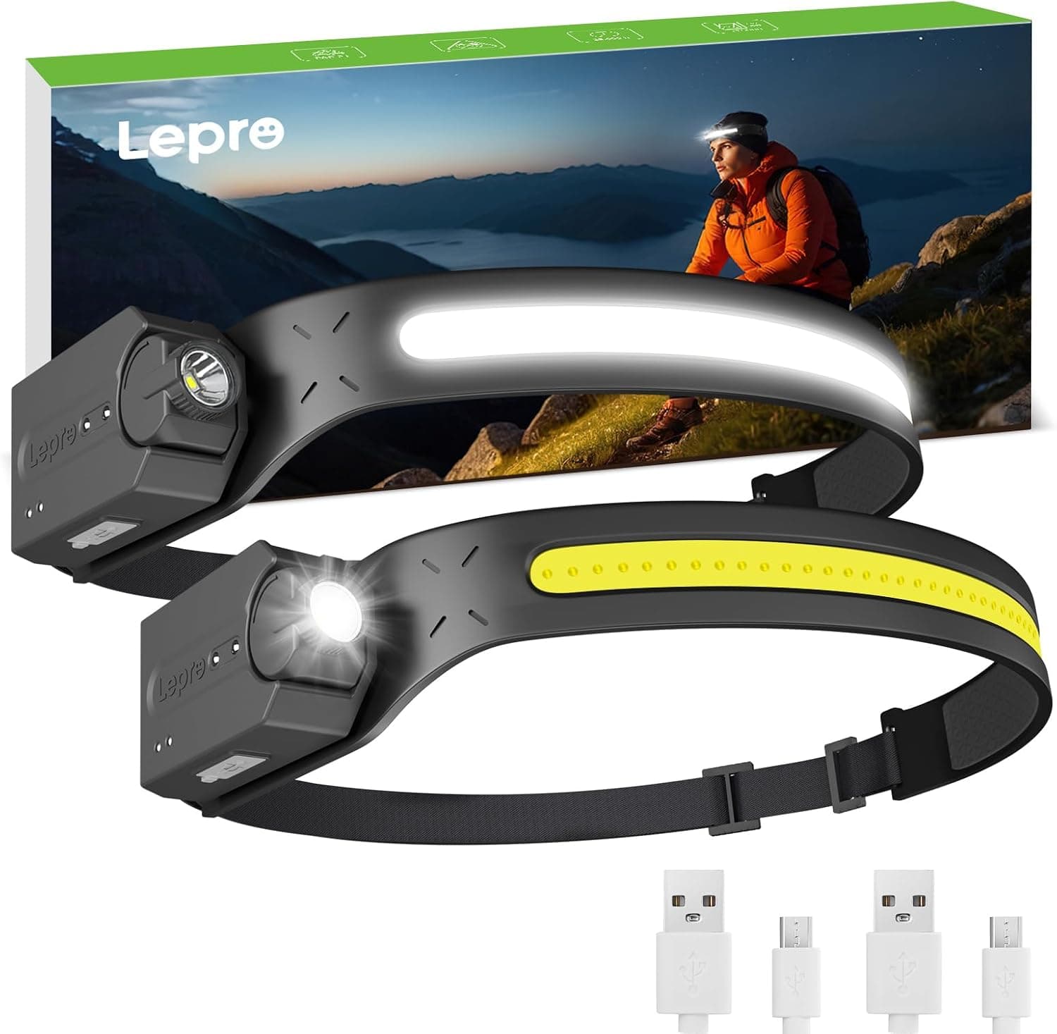 چراغ پیشانی LED شارژی Lepro با حسگر حرکتی، باتری 1200 mAh و نور گسترده 230° COB، IP44 چراغ پیشانی LED شارژی Lepro با حسگر حرکتی، باتری 1200 mAh و نور گسترده 230° COB، IP44
