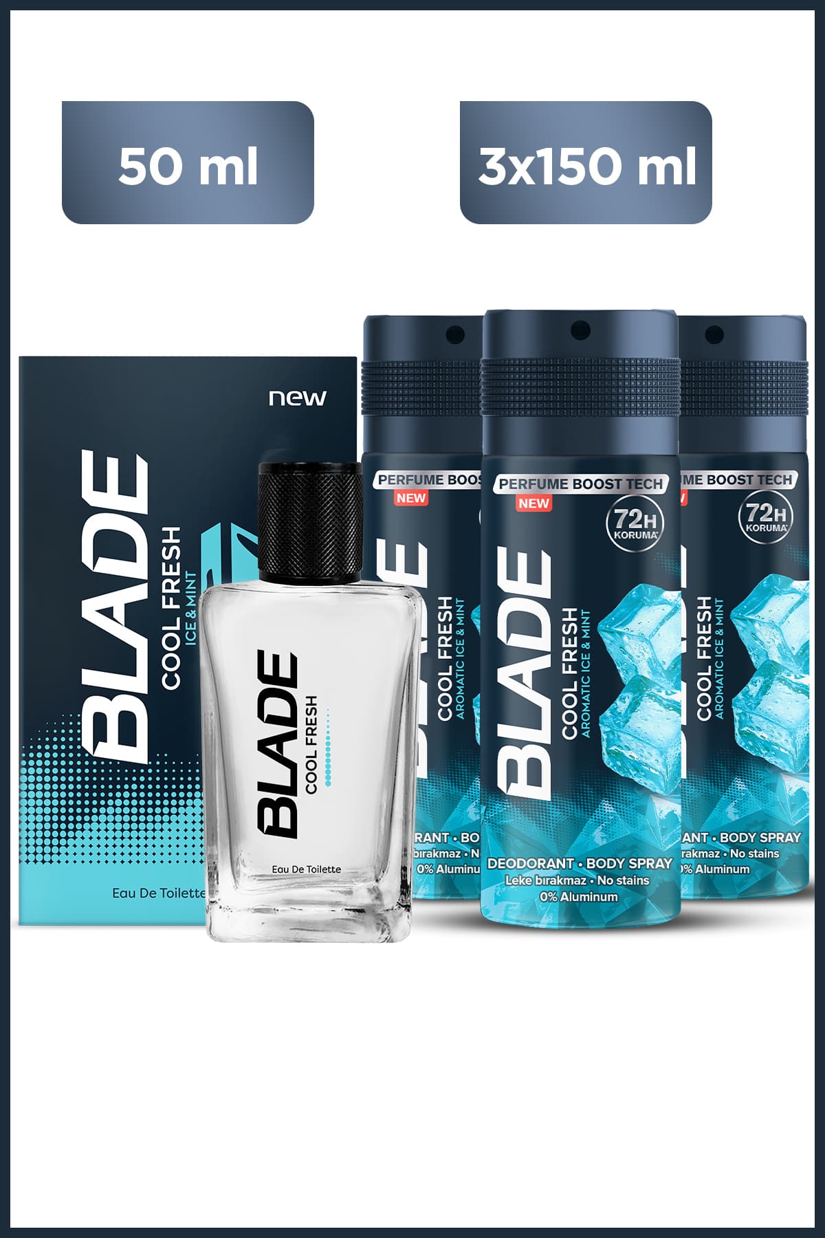 ست عطر و دئودورانت مردانه Blade مدل Cool Fresh شامل 70 ml عطر و 3x150 ml دئودورانت ست عطر و دئودورانت مردانه Blade مدل Cool Fresh شامل 70 ml عطر و 3x150 ml دئودورانت