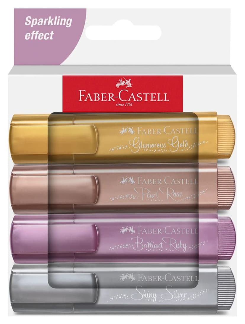 ست ۴ عددی ماژیک هایلایتر Faber Castell با رنگهای متالیک در جعبه مقوایی ست ۴ عددی ماژیک هایلایتر Faber Castell با رنگهای متالیک در جعبه مقوایی