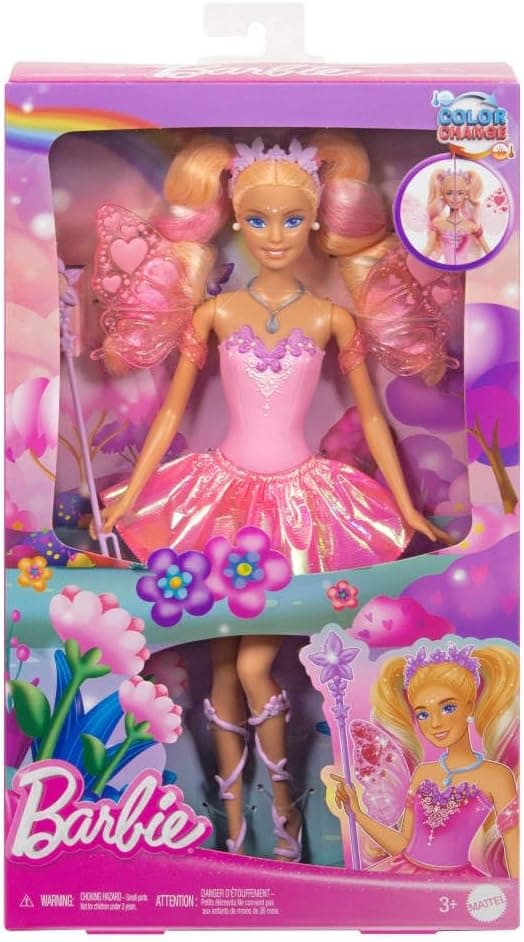 عروسک فانتزی Barbie با چوب جادویی و لوازم جانبی، بالها و لباس تغییررنگدهنده عروسک فانتزی Barbie با چوب جادویی و لوازم جانبی، بالها و لباس تغییررنگدهنده