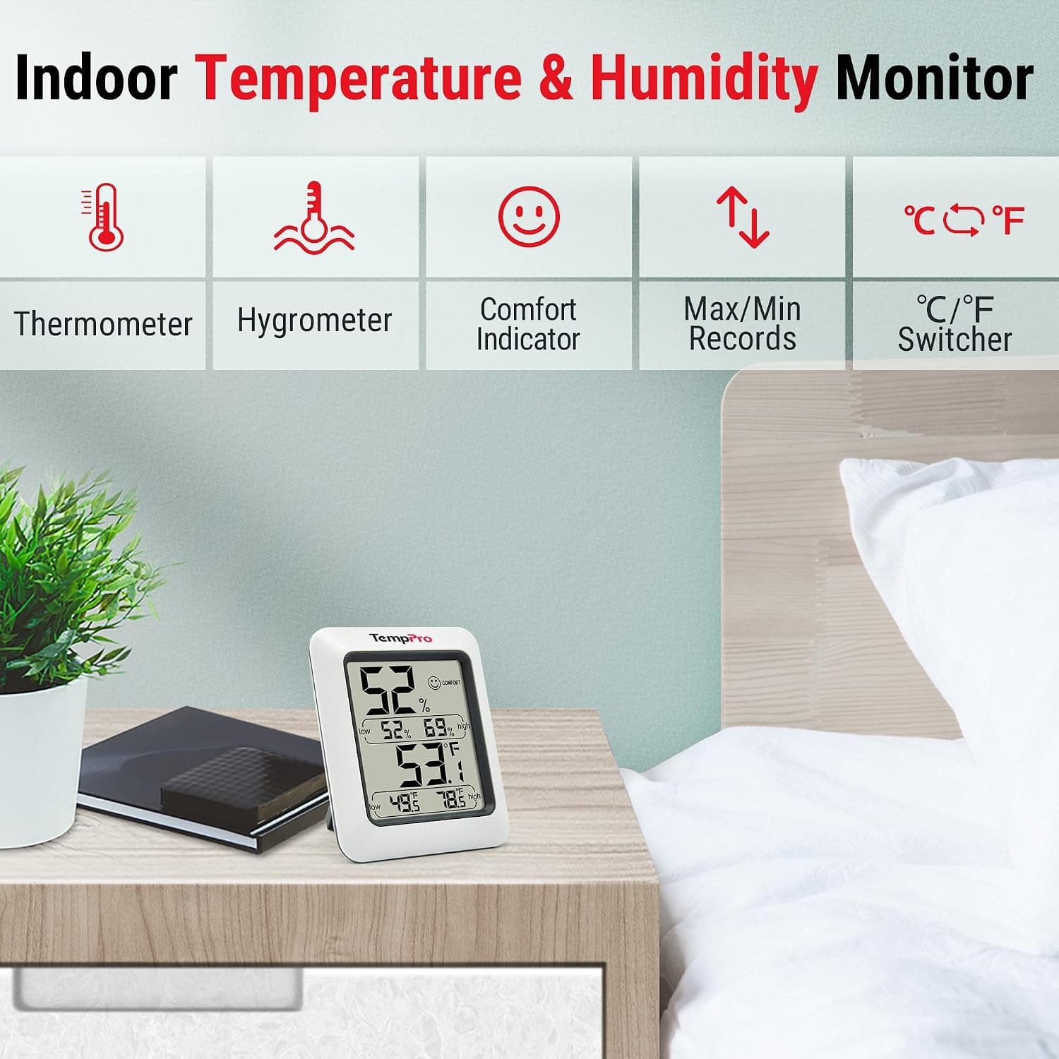 ترموهیگرومتر دیجیتال داخلی ThermoPro دماسنج و رطوبتسنج مدل TP50 ترموهیگرومتر دیجیتال داخلی ThermoPro دماسنج و رطوبتسنج مدل TP50
