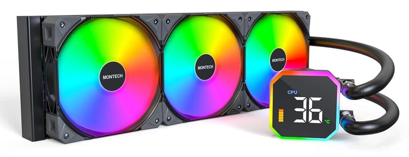 خنککننده مایع پردازنده 360 میلیمتری Montech HyperFlow با پمپ 3100 RPM، فنهای 3×120 mm E28 ARGB، نمایشگر دیجیتال، سازگار با Intel و AMD، مشکی خنککننده مایع پردازنده 360 میلیمتری Montech HyperFlow با پمپ 3100 RPM، فنهای 3×120 mm E28 ARGB، نمایشگر دیجیتال، سازگار با Intel و AMD، مشکی