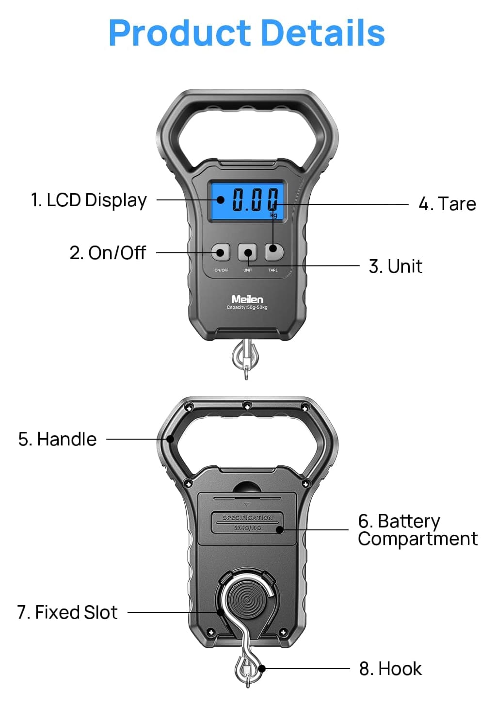 ترازو دیجیتال آویز چمدان و ماهیگیری Meilen با نمایشگر LCD نورپسزمینه 110lb/50kg مشکی ترازو دیجیتال آویز چمدان و ماهیگیری Meilen با نمایشگر LCD نورپسزمینه 110lb/50kg مشکی