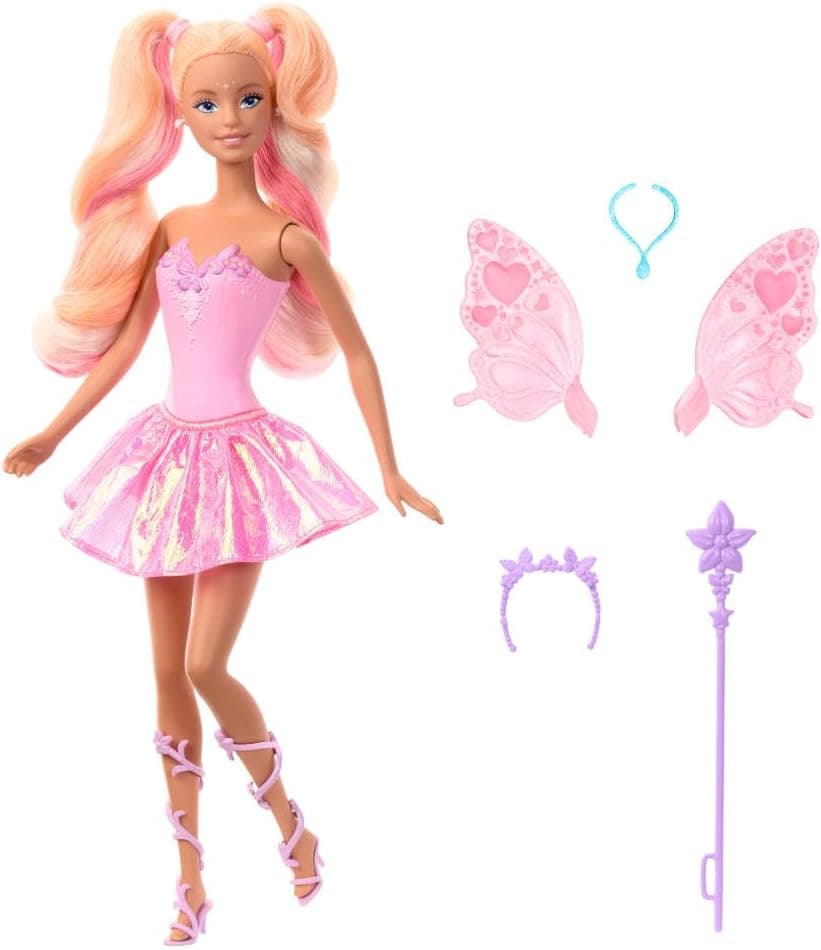 عروسک فانتزی Barbie با چوب جادویی و لوازم جانبی، بالها و لباس تغییررنگدهنده عروسک فانتزی Barbie با چوب جادویی و لوازم جانبی، بالها و لباس تغییررنگدهنده