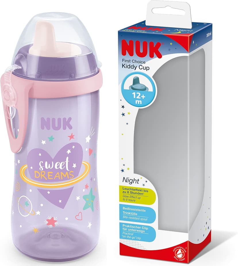 لیوان کودک NUK Kiddy Cup Night 300 ml ضد نشت بنفش درخشان لیوان کودک NUK Kiddy Cup Night 300 ml ضد نشت بنفش درخشان