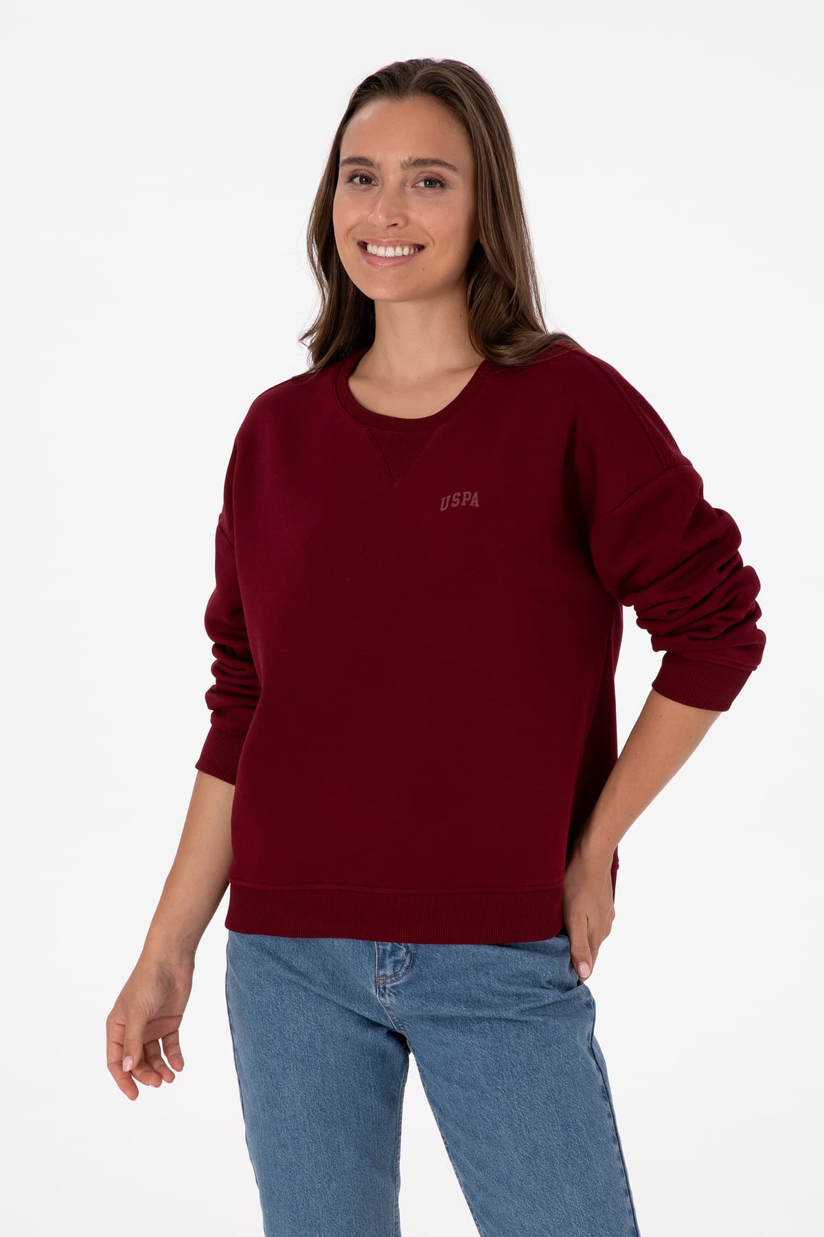 سویشرت زنانه U.S. Polo Assn. یقه گرد پرزدار زرشکی مدل 50313586-VR014 سویشرت زنانه U.S. Polo Assn. یقه گرد پرزدار زرشکی مدل 50313586-VR014