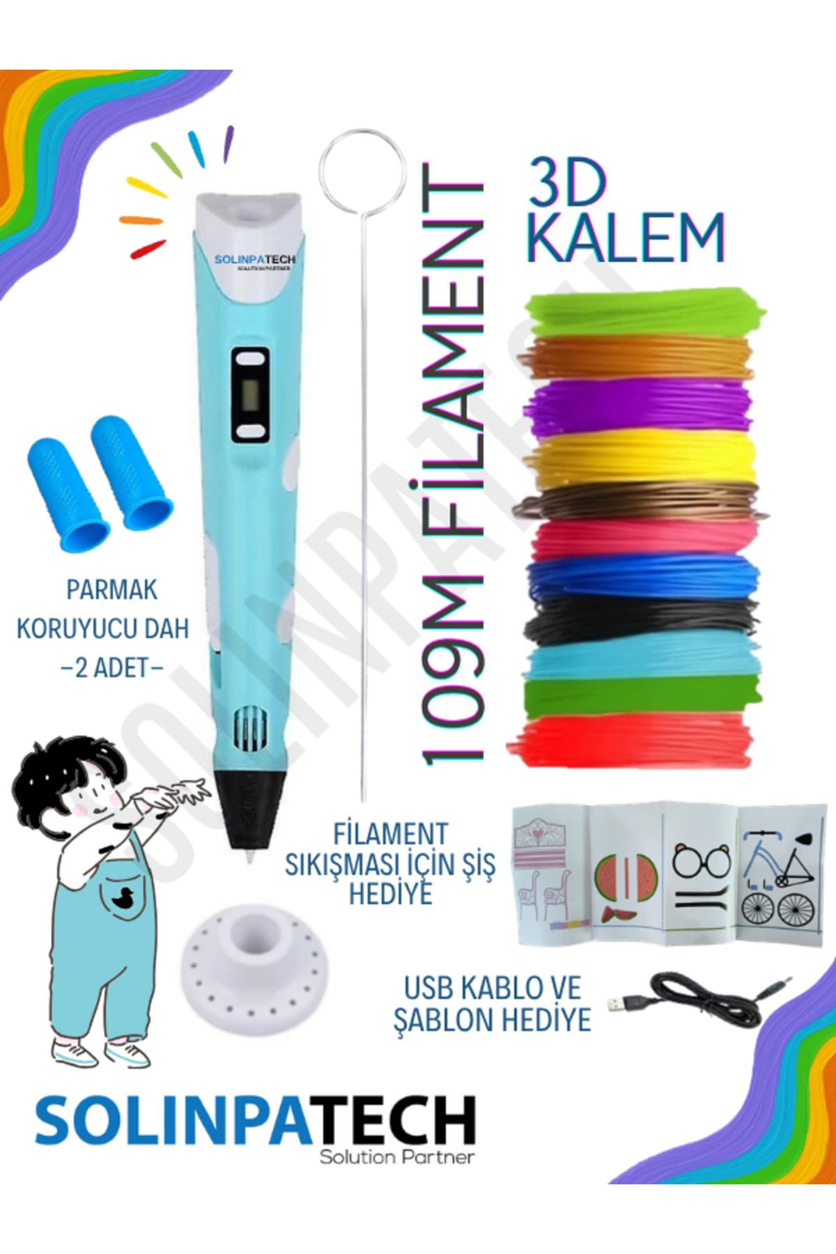 قلم سه بعدی SolinpaTech همراه فیلامنت چندرنگ به مجموع 109 متر و کابل USB قلم سه بعدی SolinpaTech همراه فیلامنت چندرنگ به مجموع 109 متر و کابل USB
