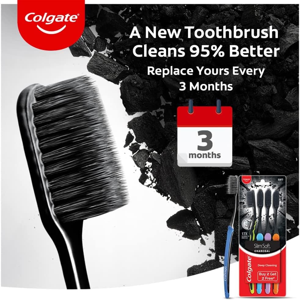 مسواک زغالی Colgate Slim Soft با الیاف نوک نرم 17x باریکتر مسواک زغالی Colgate Slim Soft با الیاف نوک نرم 17x باریکتر