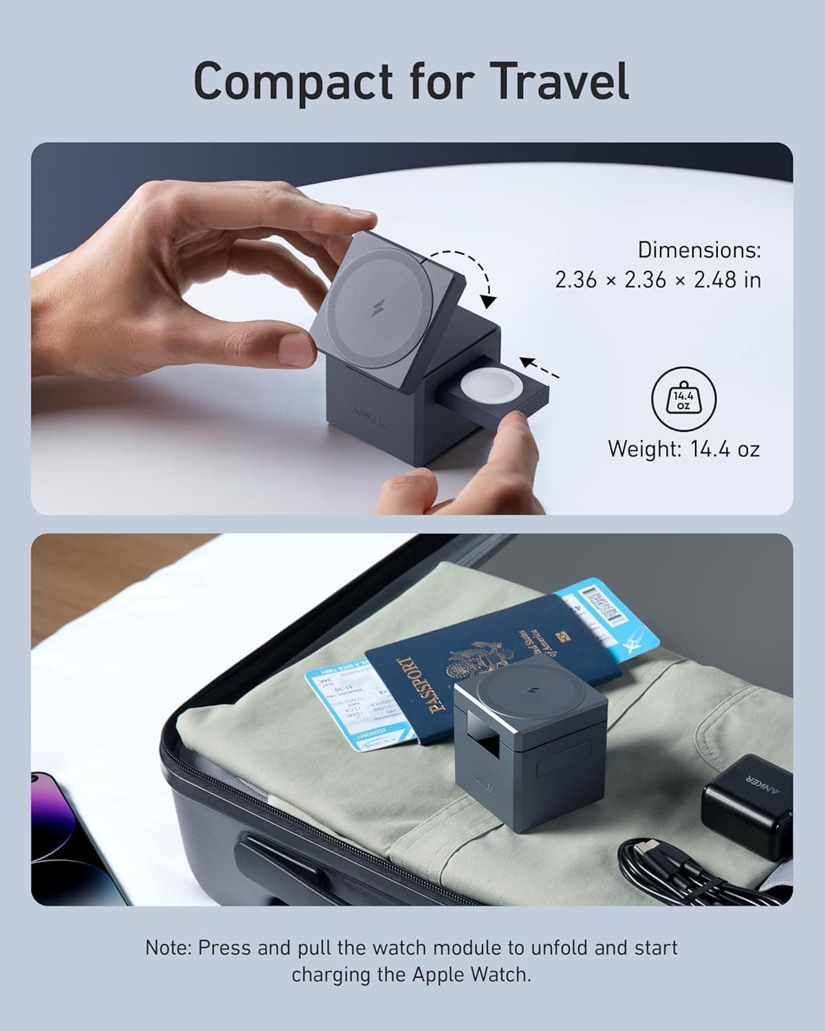 پایه شارژ وایرلس Anker با MagSafe سهکاره تاشو ۱۵ وات مدل Cube پایه شارژ وایرلس Anker با MagSafe سهکاره تاشو ۱۵ وات مدل Cube