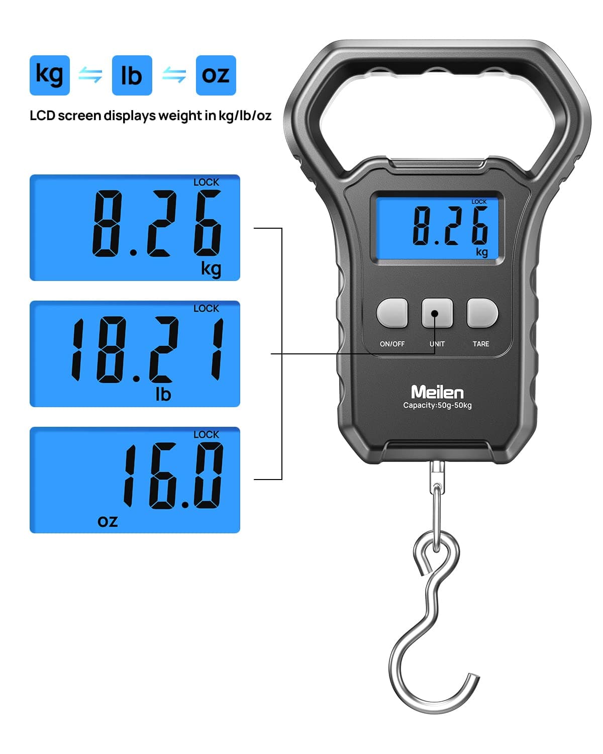 ترازو دیجیتال آویز چمدان و ماهیگیری Meilen با نمایشگر LCD نورپسزمینه 110lb/50kg مشکی ترازو دیجیتال آویز چمدان و ماهیگیری Meilen با نمایشگر LCD نورپسزمینه 110lb/50kg مشکی