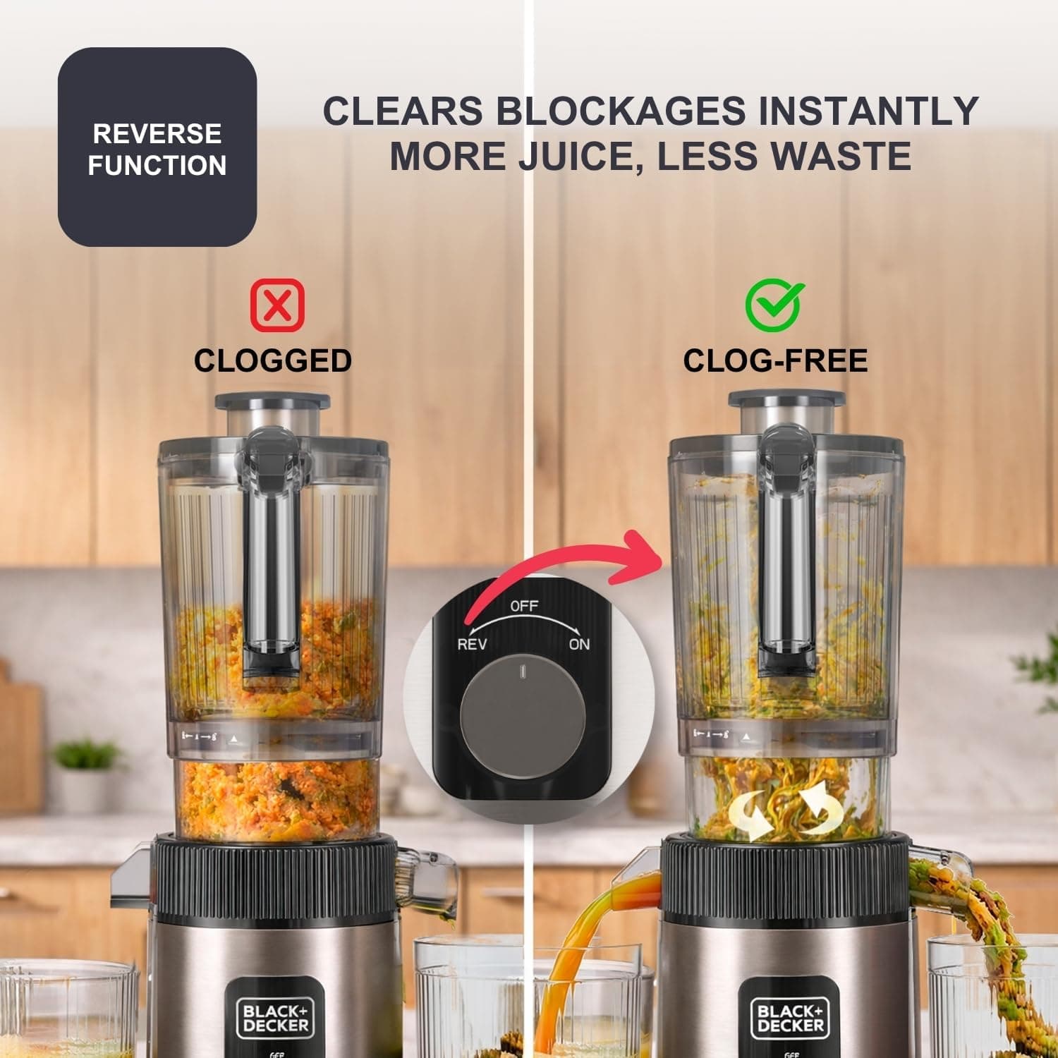 آبمیوهگیری آهسته BLACK+DECKER سرد پرس دهانه 110 mm بدون اکسیداسیون عملکرد معکوس 800 ml آبمیوهگیری آهسته BLACK+DECKER سرد پرس دهانه 110 mm بدون اکسیداسیون عملکرد معکوس 800 ml