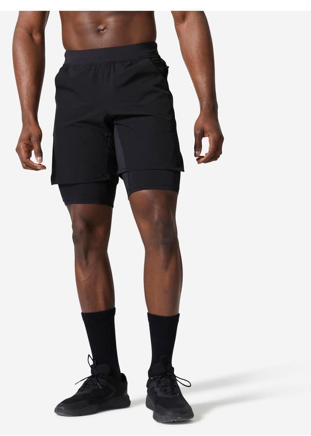 شورت ورزشی مردانه Decathlon Domyos ۲ در ۱ با جیب زیپدار مشکی مدل 500 شورت ورزشی مردانه Decathlon Domyos ۲ در ۱ با جیب زیپدار مشکی مدل 500