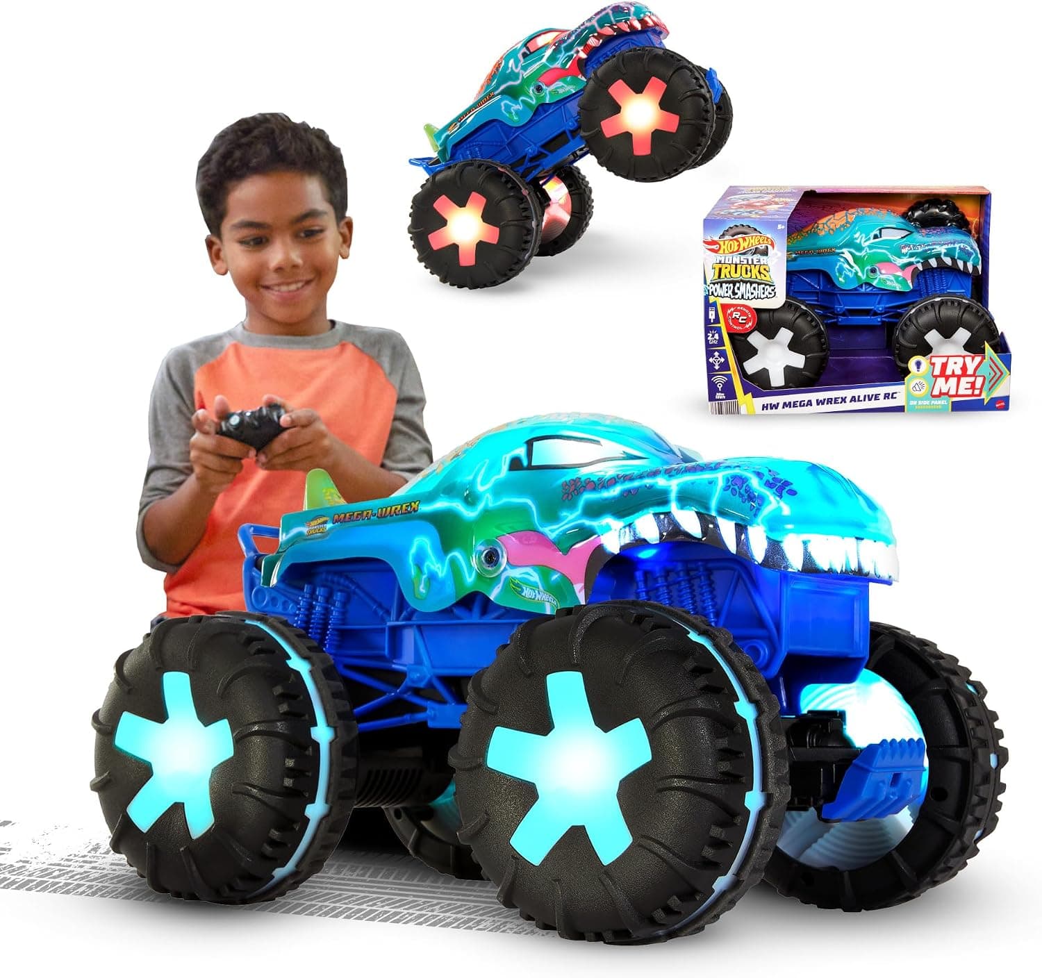 ماشین کنترلی Hot Wheels Monster Trucks Mega-Wrex با مقیاس 1:15، چراغ و صدا، مدل باتریخور ماشین کنترلی Hot Wheels Monster Trucks Mega-Wrex با مقیاس 1:15، چراغ و صدا، مدل باتریخور