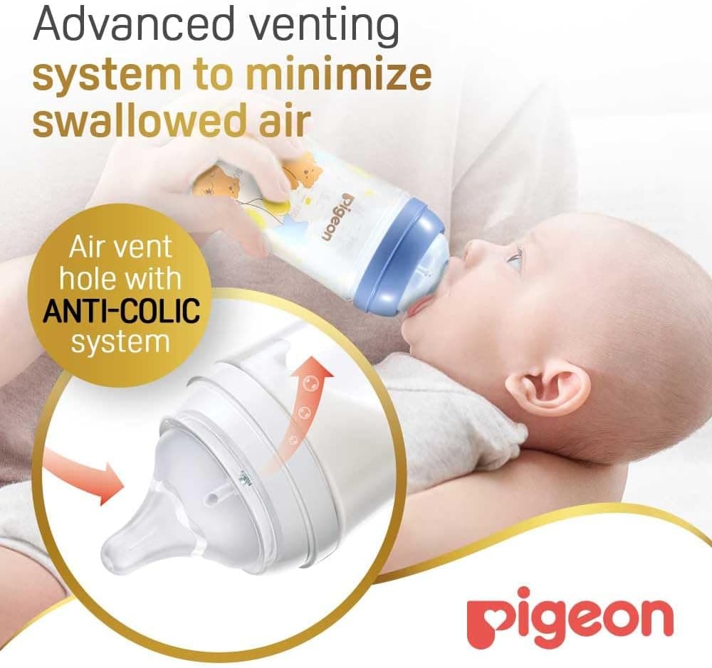 شیشه شیر Pigeon Softouch Wide Neck Peristaltic PLUS طرحدار سرشیر متوسط بدون BPA 240ml شیشه شیر Pigeon Softouch Wide Neck Peristaltic PLUS طرحدار سرشیر متوسط بدون BPA 240ml
