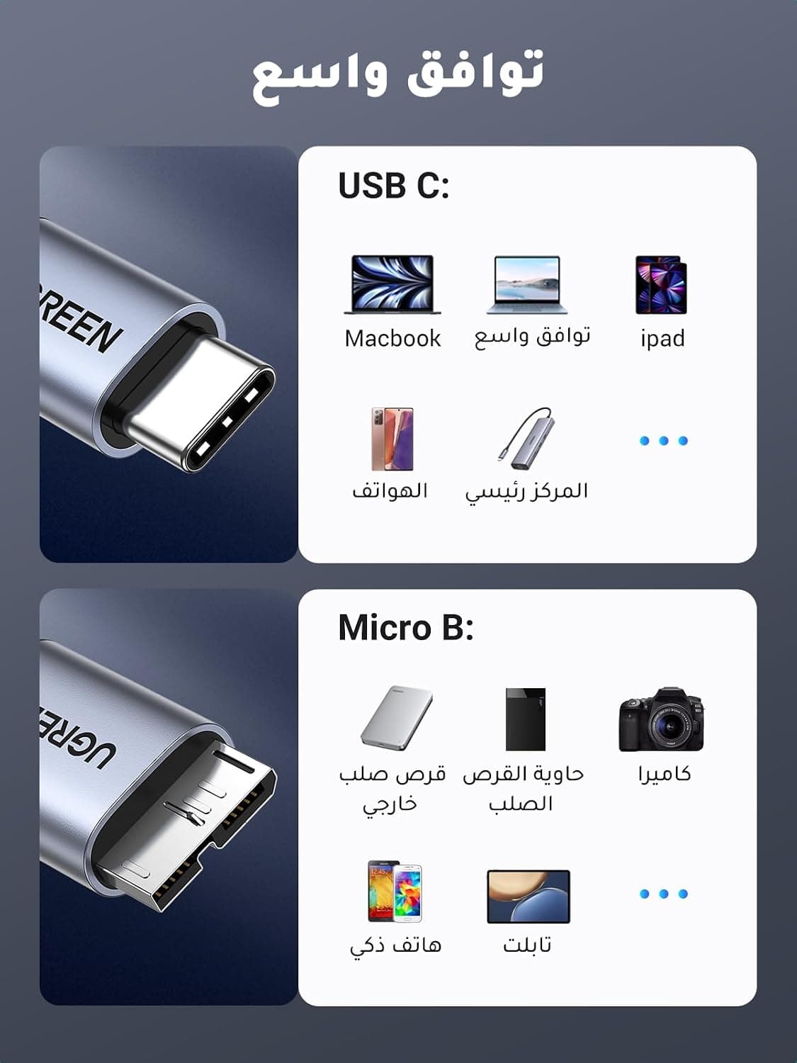 کابل مردانه UGREEN به Micro USB B به Type C برای HDD و SSD 0.25M کابل مردانه UGREEN به Micro USB B به Type C برای HDD و SSD 0.25M