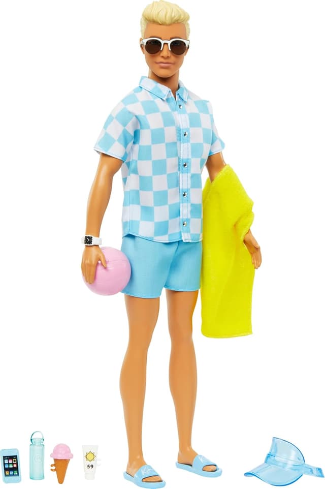 عروسک Ken موطلایی Barbie با پیراهن آبی، شلوارک شنا، کلاه نقابدار، حوله و لوازم ساحلی مدل HPL74 عروسک Ken موطلایی Barbie با پیراهن آبی، شلوارک شنا، کلاه نقابدار، حوله و لوازم ساحلی مدل HPL74