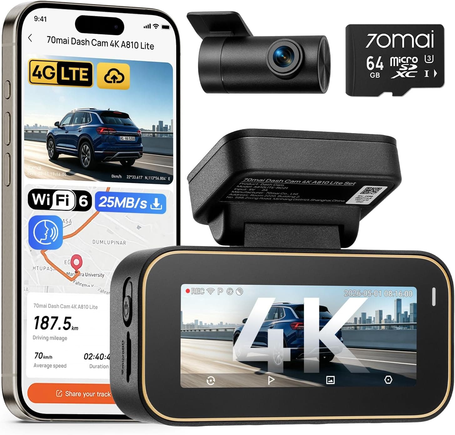 دوربین داشبورد 70mai جلو عقب 4K بدون کارت حافظه microSD مدل A800SE دوربین داشبورد 70mai جلو عقب 4K بدون کارت حافظه microSD مدل A800SE