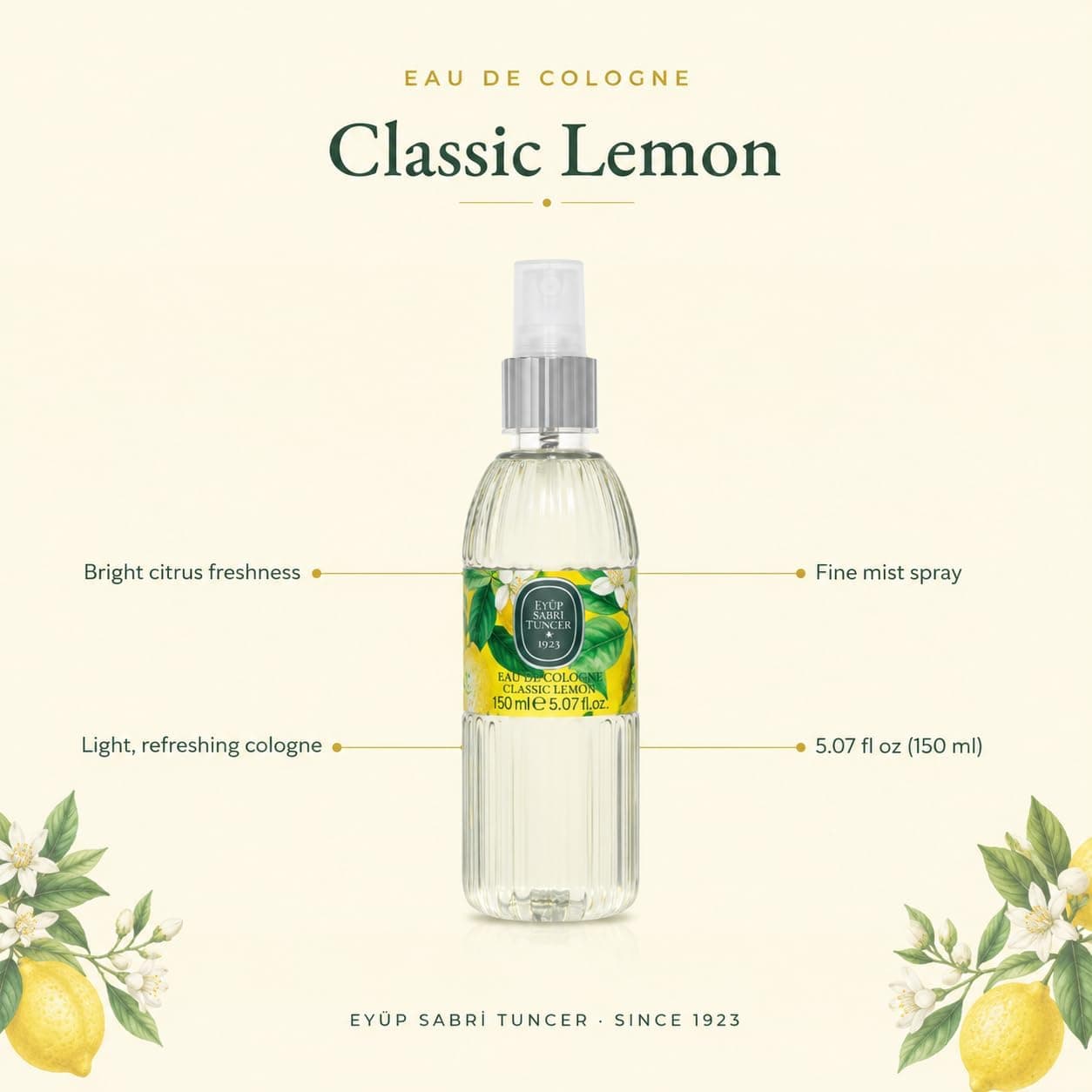 کلونیا لیمویی کلاسیک اسپری Eyup Sabri Tuncer بطری PET استوانهای 150 ml کلونیا لیمویی کلاسیک اسپری Eyup Sabri Tuncer بطری PET استوانهای 150 ml