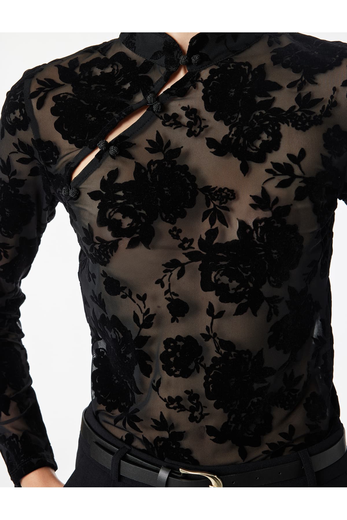 تیشرت زنانه Koton توری آستین بلند گلدار یقه Qipao ایستاده تیشرت زنانه Koton توری آستین بلند گلدار یقه Qipao ایستاده