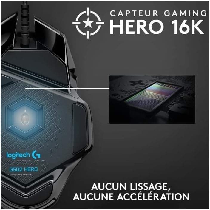 ماوس گیمینگ سیمی Logitech G با فناوری LIGHTSYNC، 25.600 DPI، 11 کلید قابلبرنامهریزی، 121 gr، مشکی مدل G502 HERO ماوس گیمینگ سیمی Logitech G با فناوری LIGHTSYNC، 25.600 DPI، 11 کلید قابلبرنامهریزی، 121 gr، مشکی مدل G502 HERO