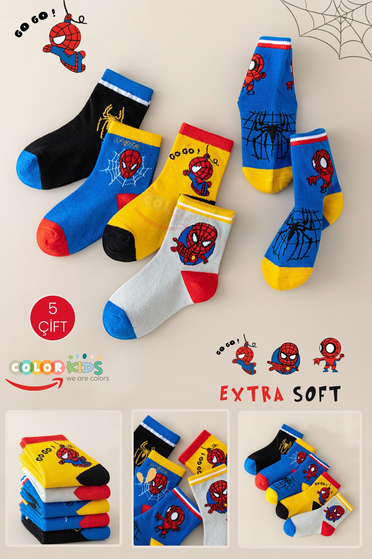 ست جوراب بچگانه Color Socks طرح کاراکتر عنکبوتی 5 جفت ست جوراب بچگانه Color Socks طرح کاراکتر عنکبوتی 5 جفت