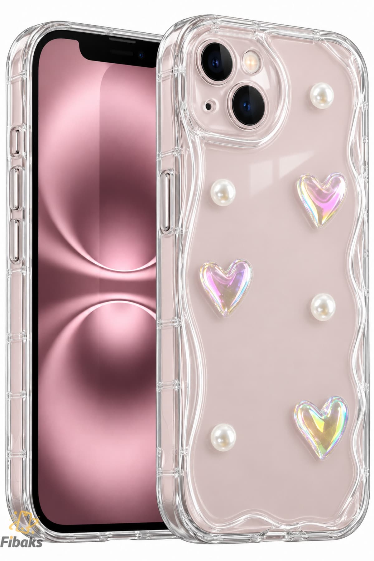 قاب گوشی Fibaks سیلیکونی شفاف طرح قلب و مروارید سه بعدی محافظ دوربین iPhone 13/14 قاب گوشی Fibaks سیلیکونی شفاف طرح قلب و مروارید سه بعدی محافظ دوربین iPhone 13/14