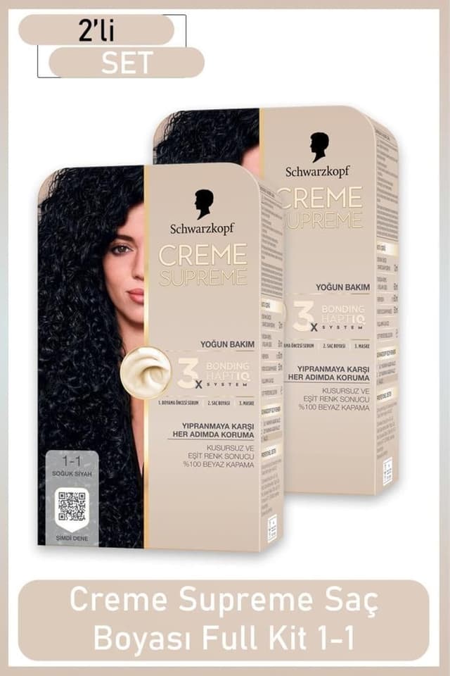 کیت کامل رنگ مو Schwarzkopf Creme Supreme مشکی سرد مدل 1-1 بسته 2 عددی کیت کامل رنگ مو Schwarzkopf Creme Supreme مشکی سرد مدل 1-1 بسته 2 عددی