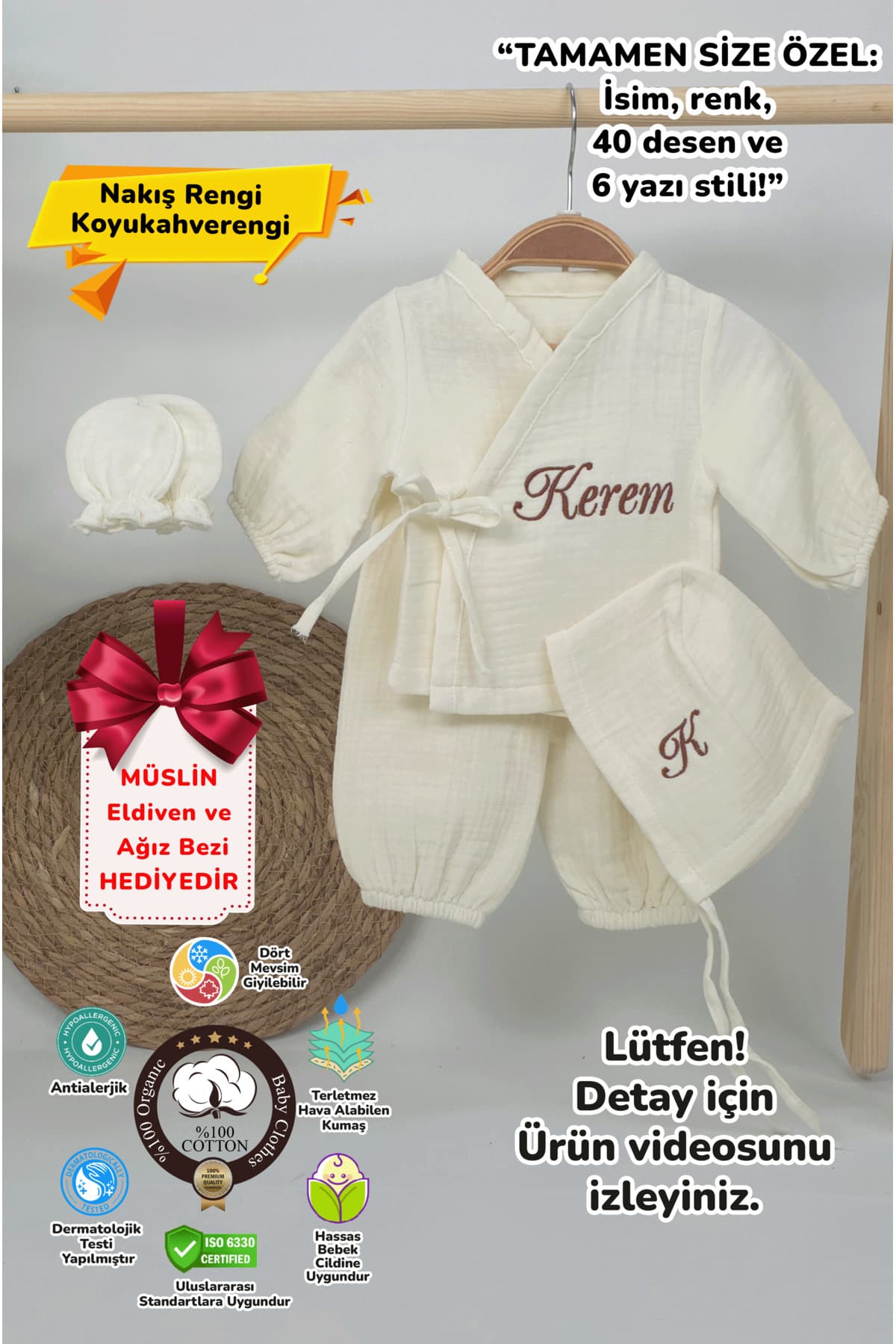 سرهمی کیمونو نوزادی ۳ تکه gros shop موسلین بنددار با گلدوزی نام اختصاصی 100% نخی ارگانیک سرهمی کیمونو نوزادی ۳ تکه gros shop موسلین بنددار با گلدوزی نام اختصاصی 100% نخی ارگانیک
