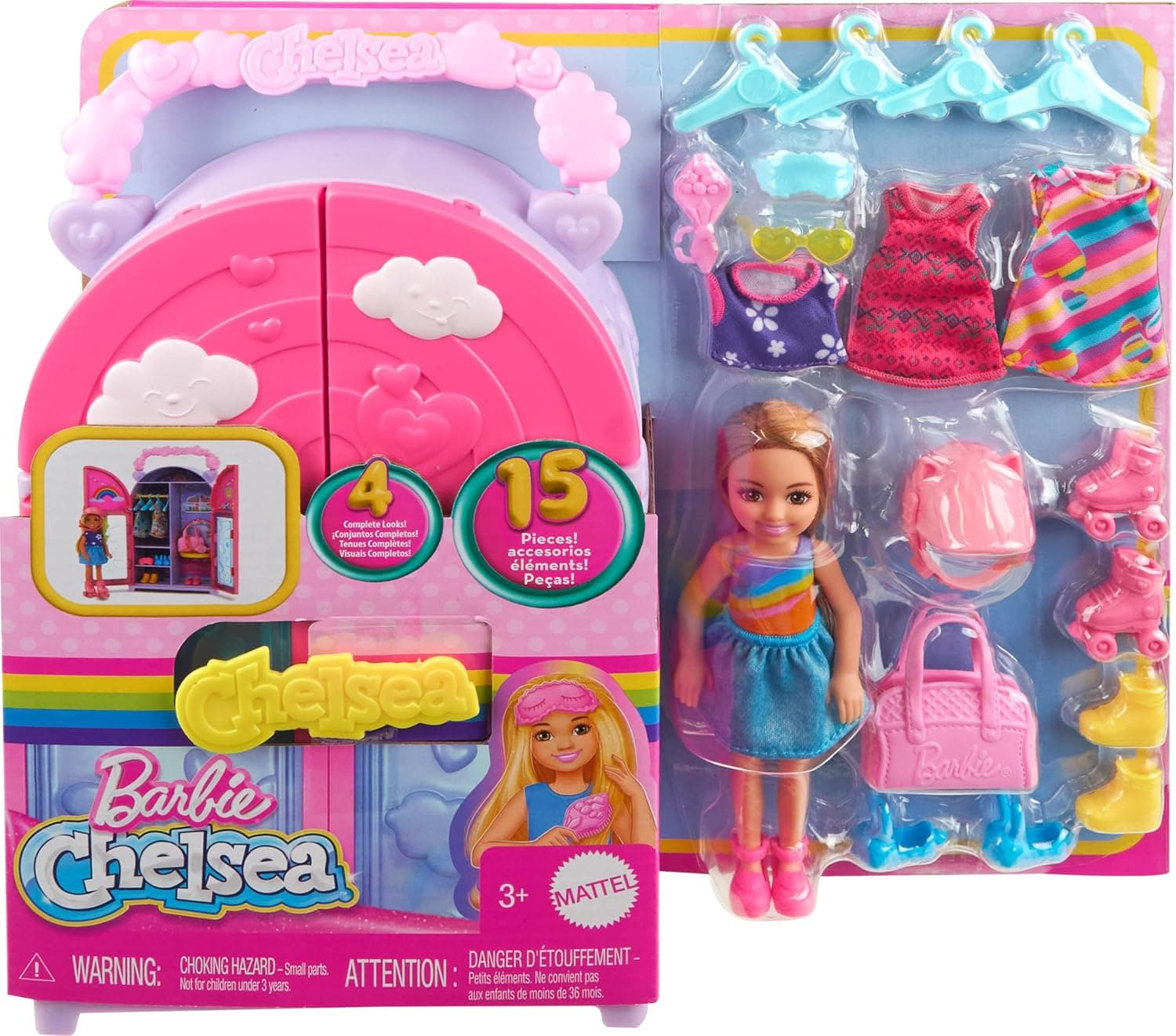 ست بازی عروسک و کمد Barbie Chelsea با ۱۵ تکه لباس و لوازم جانبی، تاشو ست بازی عروسک و کمد Barbie Chelsea با ۱۵ تکه لباس و لوازم جانبی، تاشو