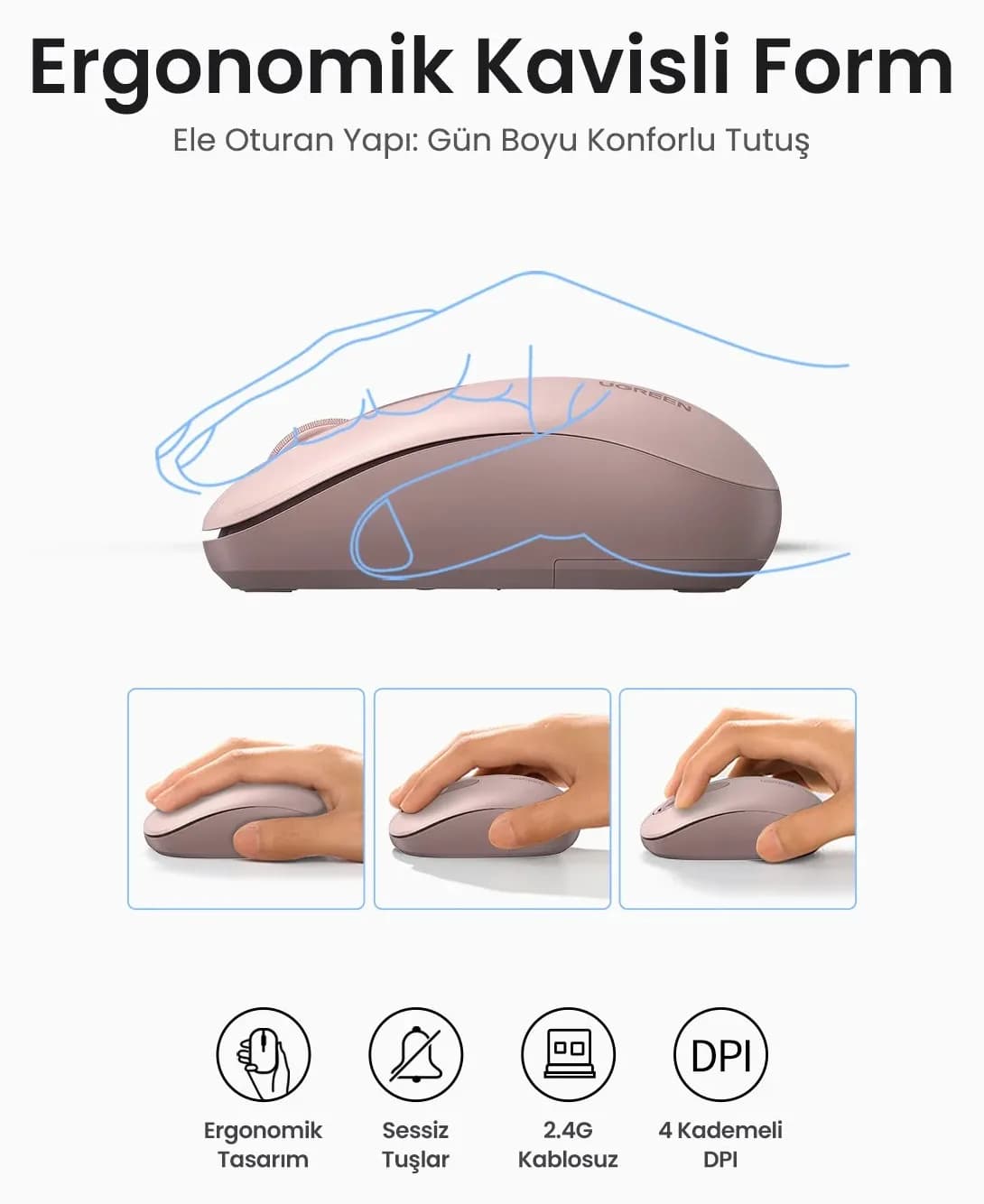 ماوس بیسیم Ugreen 2400DPI 2.4Ghz بیصدا صورتی مدل 90686 ماوس بیسیم Ugreen 2400DPI 2.4Ghz بیصدا صورتی مدل 90686
