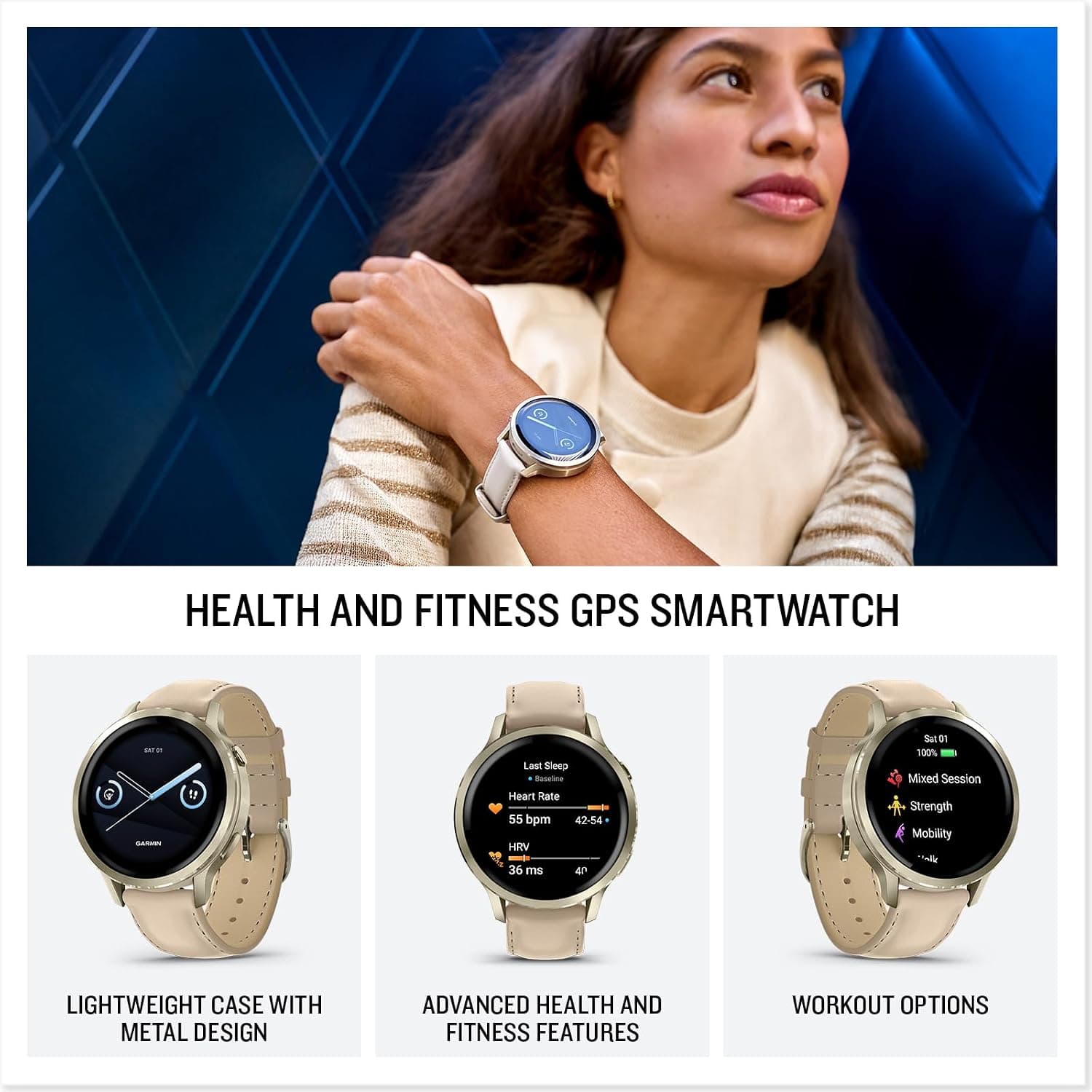 ساعت هوشمند Garmin بند چرمی طلایی 41 mm مدل Venu 4 ساعت هوشمند Garmin بند چرمی طلایی 41 mm مدل Venu 4