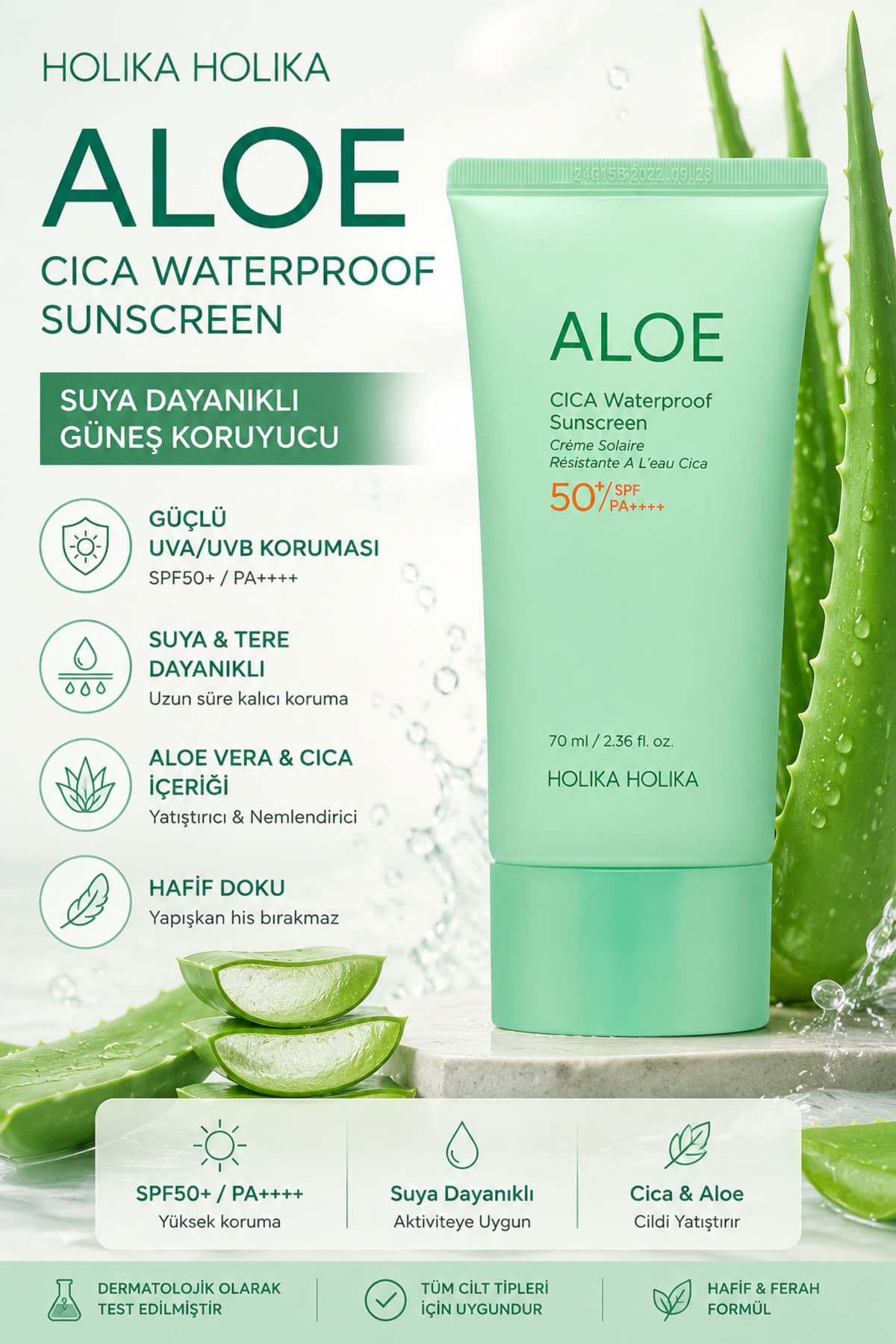 کرم ضد آفتاب Holika Holika ضدآب Aloe Cica برای پوست حساس SPF50 70ml کرم ضد آفتاب Holika Holika ضدآب Aloe Cica برای پوست حساس SPF50 70ml