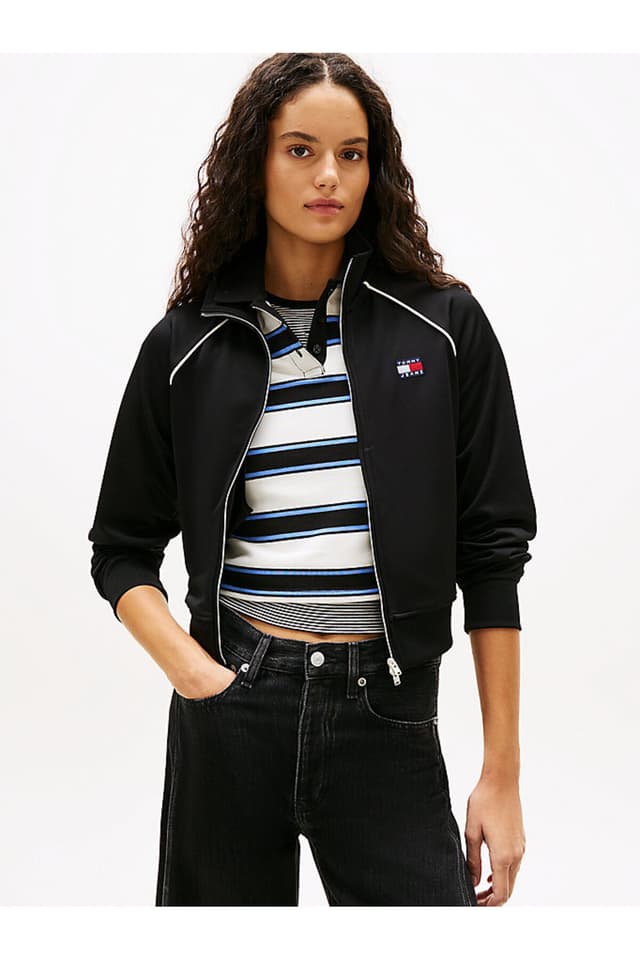 ژاکت زنانه Tommy Hilfiger با جزئیات راهراه و زیپ مشکی ژاکت زنانه Tommy Hilfiger با جزئیات راهراه و زیپ مشکی