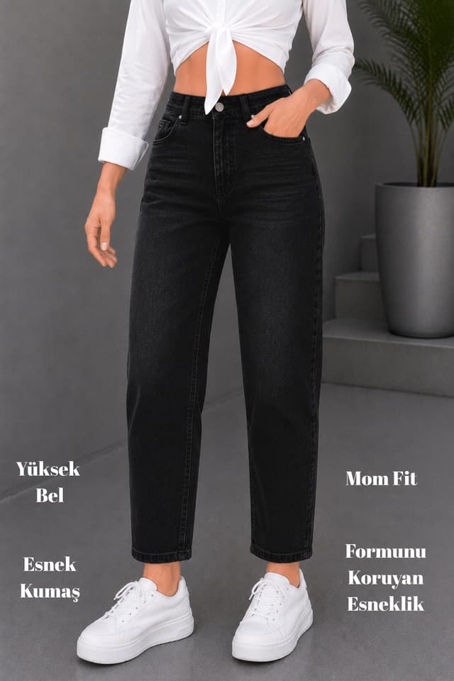 شلوار جین زنانه CEDY DENIM مامفیت کمر بلند با برش بویفرند کشی مشکی مدل C599 شلوار جین زنانه CEDY DENIM مامفیت کمر بلند با برش بویفرند کشی مشکی مدل C599