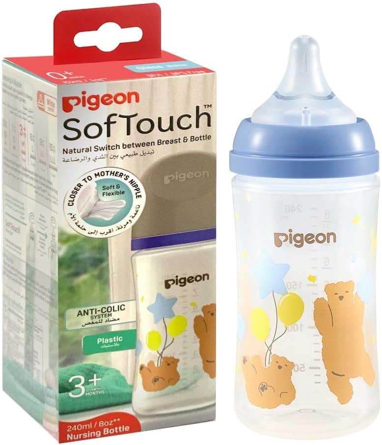 شیشه شیر Pigeon Softouch Wide Neck Peristaltic PLUS طرحدار سرشیر متوسط بدون BPA 240ml شیشه شیر Pigeon Softouch Wide Neck Peristaltic PLUS طرحدار سرشیر متوسط بدون BPA 240ml