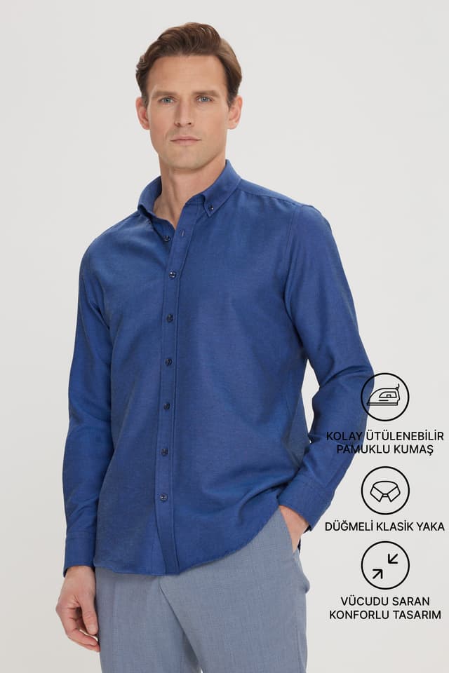 پیراهن مردانه AC&Co / Altınyıldız Classics Oxford نخی سرمهای تیره یقه دکمهدار اتوکشی آسان Slim Fit پیراهن مردانه AC&Co / Altınyıldız Classics Oxford نخی سرمهای تیره یقه دکمهدار اتوکشی آسان Slim Fit