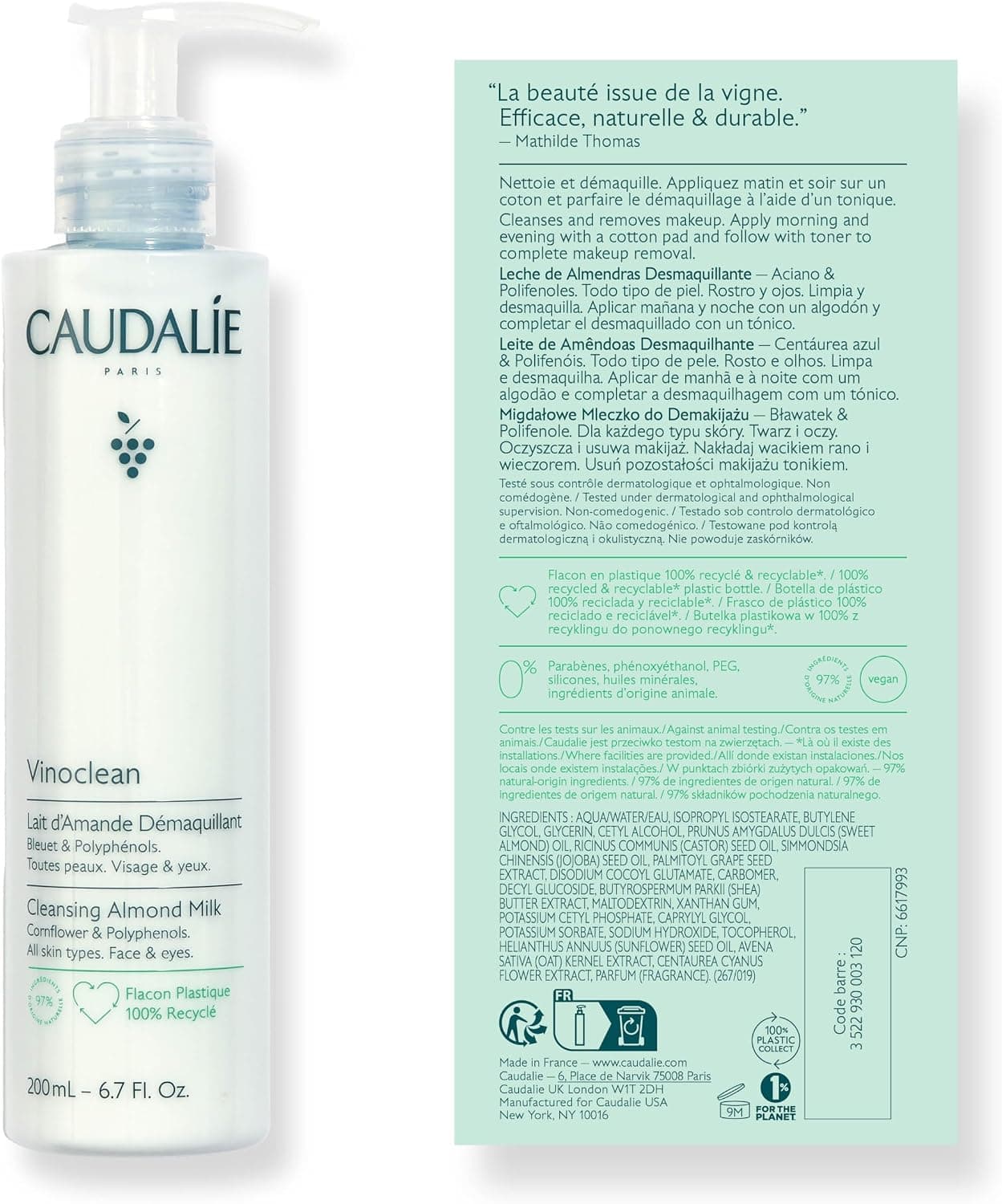 شیر پاککننده Caudalie بادامی Vinoclean 200 ml شیر پاککننده Caudalie بادامی Vinoclean 200 ml