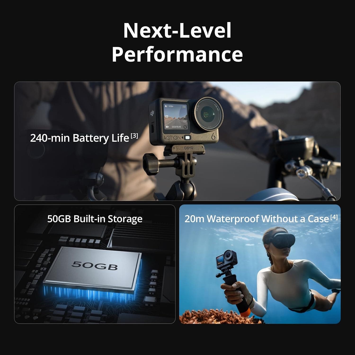 دوربین اکشن DJI Osmo Action 6 Standard Combo با سنسور مربعی 1/1.1″، دیافراگم متغیر f/2.0–f/4.0، مقاوم در برابر سرما، باتری 4hrs و 4K دوربین اکشن DJI Osmo Action 6 Standard Combo با سنسور مربعی 1/1.1″، دیافراگم متغیر f/2.0–f/4.0، مقاوم در برابر سرما، باتری 4hrs و 4K