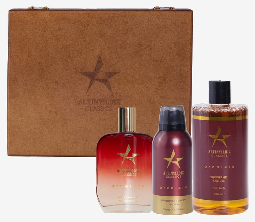 ست مردانه Altınyıldız Classics Premiere شامل ادوپرفیوم، دئودورانت و ژل دوش با جعبه چوبی 100 ML150 ML 400 ML ست مردانه Altınyıldız Classics Premiere شامل ادوپرفیوم، دئودورانت و ژل دوش با جعبه چوبی 100 ML150 ML 400 ML