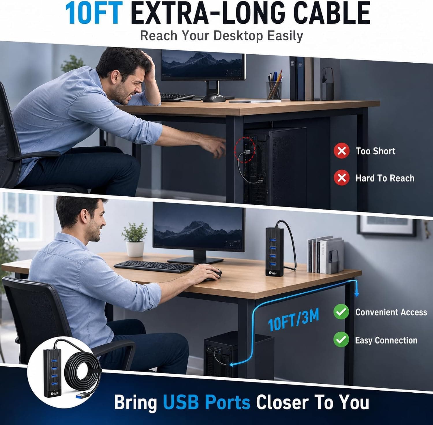 هاب USB 3.0 چهار پورت Yinker با کابل 10FT و پاور USB-C هاب USB 3.0 چهار پورت Yinker با کابل 10FT و پاور USB-C