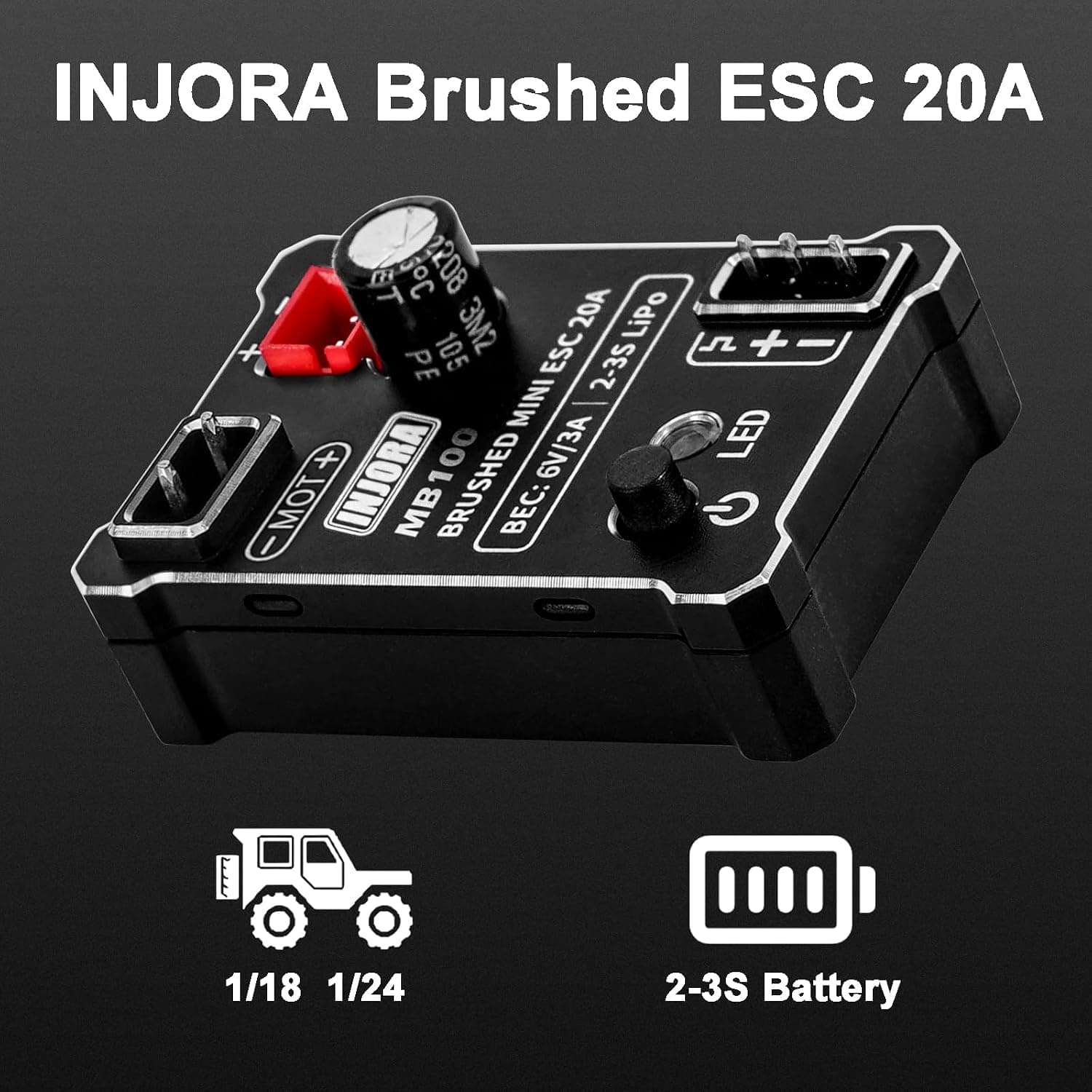 کنترلر سرعت مینی ESC ذغالی 20A INJORA مدل MB100-R80 مناسب 1/24، 1/18، SCX24، AX24، TRX4M، FCX24 و FCX18 کنترلر سرعت مینی ESC ذغالی 20A INJORA مدل MB100-R80 مناسب 1/24، 1/18، SCX24، AX24، TRX4M، FCX24 و FCX18