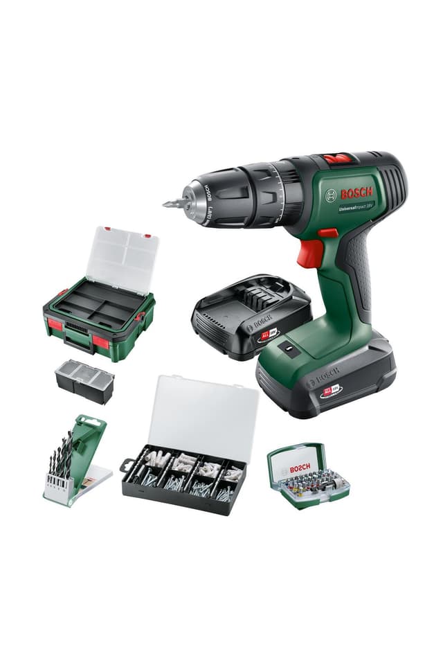 دریل چکشی شارژی Bosch UniversalImpact با 2x 1.5Ah و 210 لوازم جانبی مدل 06039D4107 دریل چکشی شارژی Bosch UniversalImpact با 2x 1.5Ah و 210 لوازم جانبی مدل 06039D4107
