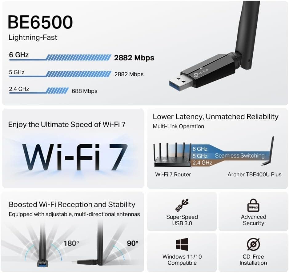 آداپتور USB وایفای TP-Link سهباند BE6500 Wi-Fi 7 مدل Archer TBE400U Plus آداپتور USB وایفای TP-Link سهباند BE6500 Wi-Fi 7 مدل Archer TBE400U Plus
